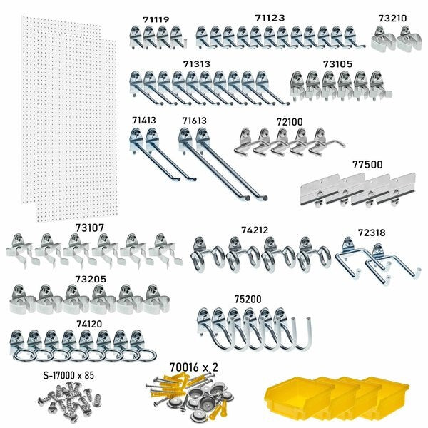 (2) 24 In. W x 48 In. H x 1/4 In. D Polypropylene Pegboards 79 pc. DuraHook Assortment 4 Hanging Bins