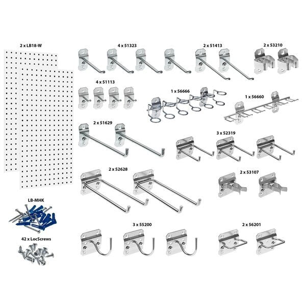 (2) 18 In. W x 36 In. H White Epoxy 18-Gauge Steel Square Hole Pegboards 28 pc. LocHook Assortment