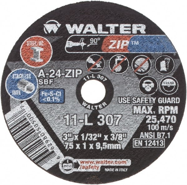 WALTER SURFACE TECHNOLOGIES, 3" 60 Grit Aluminum Oxide Cutoff Wheel1/32" Thick, 1/4" Arbor