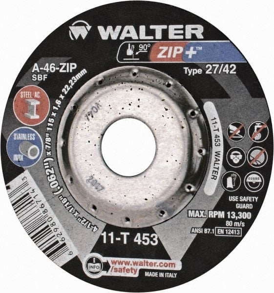 WALTER SURFACE TECHNOLOGIES, 60 Grit, 4-1/2" Wheel Diam, 3/64"Thickness, 7/8"Type 27 Depressed Center Wheel coarse Grade, Aluminum Oxide