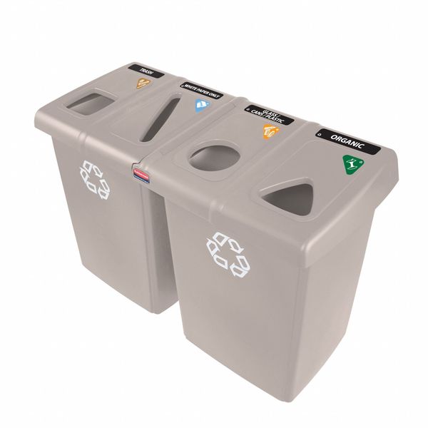 92 gal Rectangular Recycling Bin, Open Top, Brown, Plastic, 4 Openings