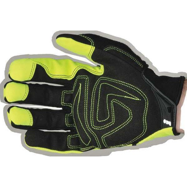 Hi-Vis Mechanics Gloves, S, Green, Padded, Ribbed Nylon/Spandex