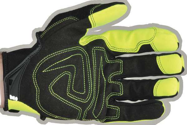 Hi-Vis Mechanics Gloves, L, Green, Padded, Ribbed Nylon/Spandex