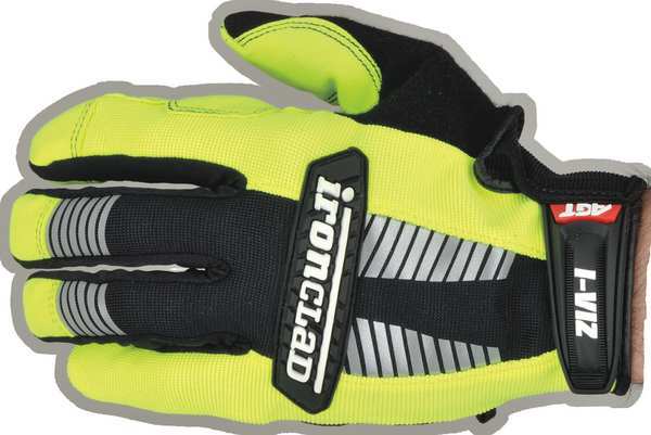 Hi-Vis Mechanics Gloves, 2XL, Green, Padded, Ribbed Nylon/Spandex