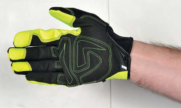 Hi-Vis Mechanics Gloves, 2XL, Green, Padded, Ribbed Nylon/Spandex