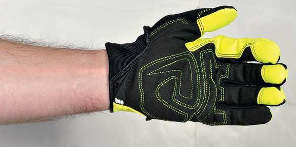 Hi-Vis Mechanics Gloves, XL, Green, Padded, Ribbed Nylon/Spandex