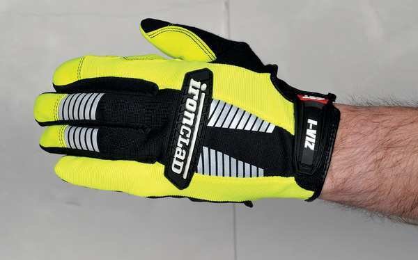 Hi-Vis Mechanics Gloves, L, Green, Padded, Ribbed Nylon/Spandex