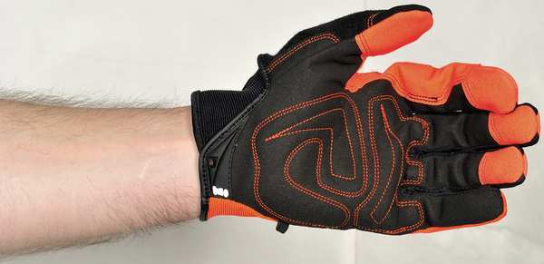 Hi-Vis Mechanics Gloves, L, Orange, Padded, Ribbed Nylon/Spandex