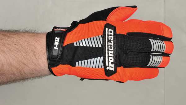 Hi-Vis Mechanics Gloves, L, Orange, Padded, Ribbed Nylon/Spandex