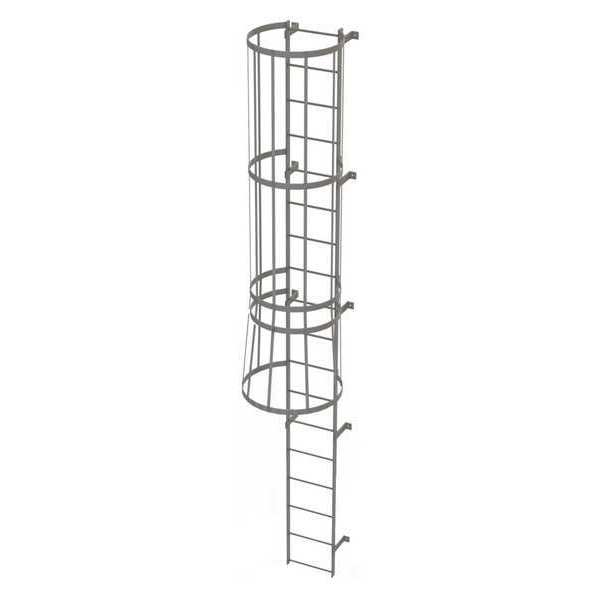 17 ft Fixed Ladder with Safety Cage, Steel, 18 Steps, Top Exit, Gray Powder Coated Finish