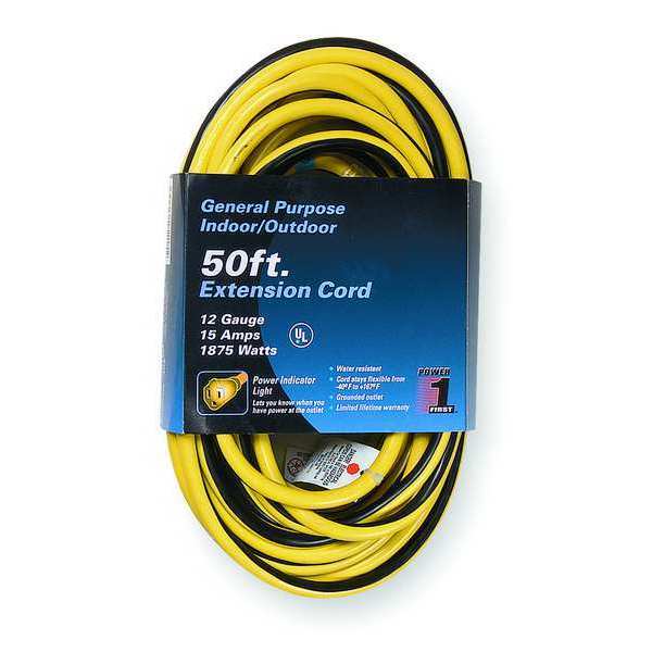 Lighted Extension Cord, 12 AWG, 50 ft, 3 Conductors, SJTW, 125V AC, NEMA 5-15, Yellow/Black Stripe