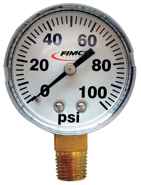 Pressure Gauge, 0 to 100 psi, 2In, 1/4In