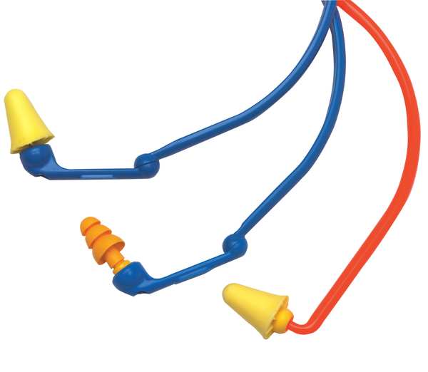 Reusable Banded Ear Plugs, Bell Shape, 25 dB, 1 Pairs, Blue/Yellow