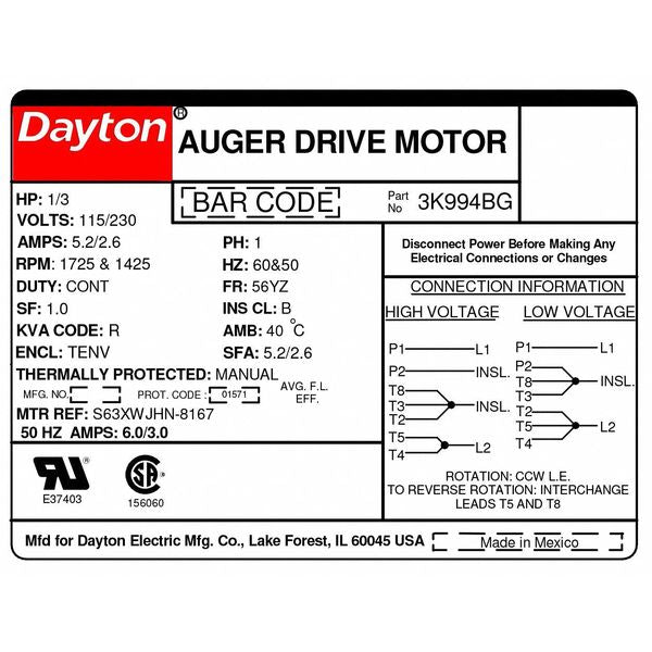 Auger Drive Motor, Split-Phase, 1/3 HP, 115/230V AC, 1,725 Nameplate RPM, 56YZ Frame