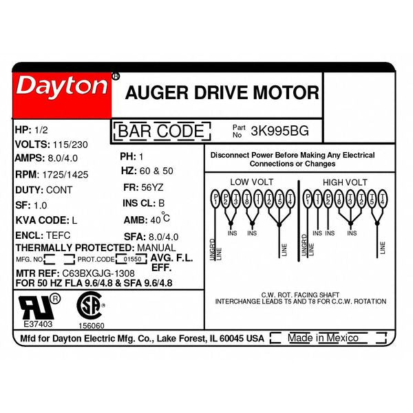 Auger Drive Motor, Capacitor-Start, 1/2 HP, 115/230V AC, 1,725 Nameplate RPM, 56YZ Frame