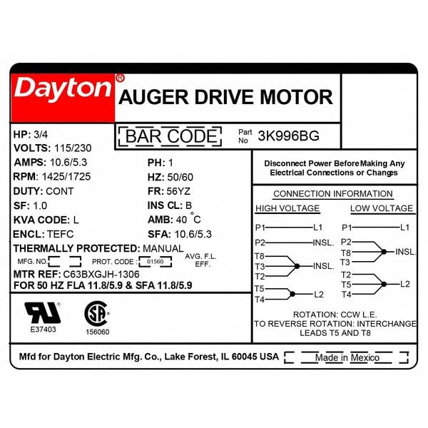 Auger Drive Motor, Capacitor-Start, 3/4 HP, 115/230V AC, 1,725 Nameplate RPM, 56YZ Frame