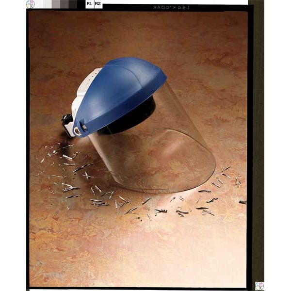 Ratchet Headgear with Clear Polycarbonate Faceshield, Uncoated, 9 in Visor Height, Blue