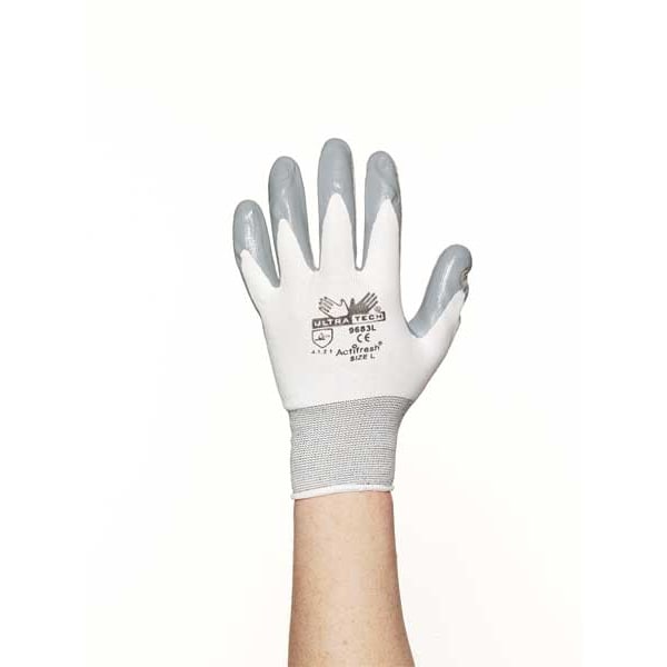 Nitrile Coated Gloves, Palm Coverage, White/Gray, S, PR