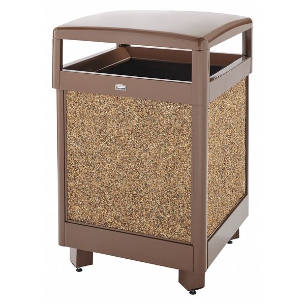 38 gal Square Trash Can, Brown, Desert Brown Stone, 26 in Dia, None, Steel, Stone Panel