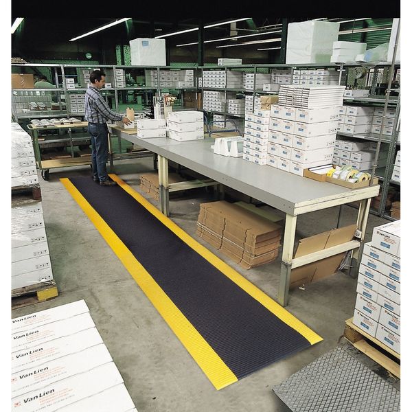 Antifatigue Mat, Black/Yellow, 6 ft. L x 2 ft. W, PVC, Corrugated Surface Pattern, 1/2