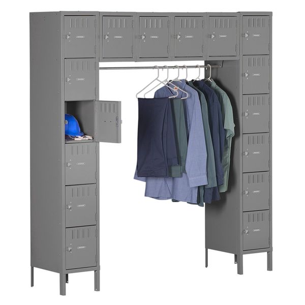 Box Locker Unit with Coat Rod, 72 in W, 18 in D, 78 in H, (6) Tier, (6) Wide, Gray