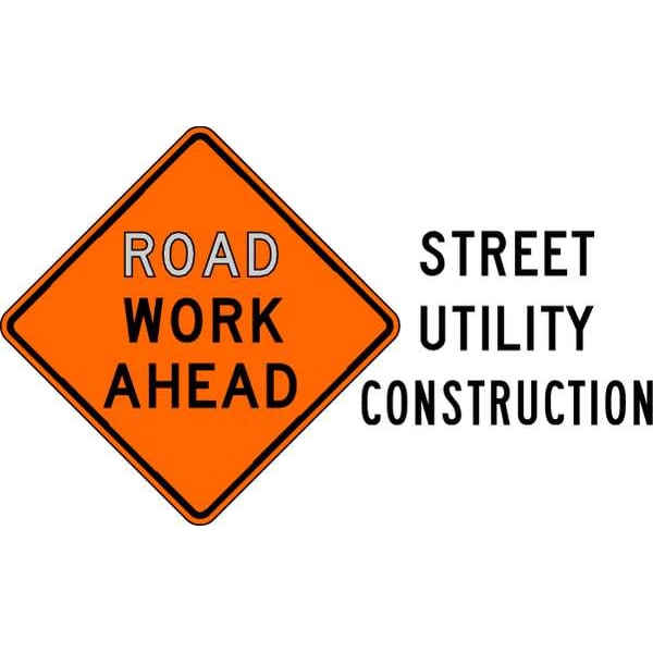 Road Work Ahead Traffic Sign, 30 in Height, 30 in Width, Aluminum, Diamond, English