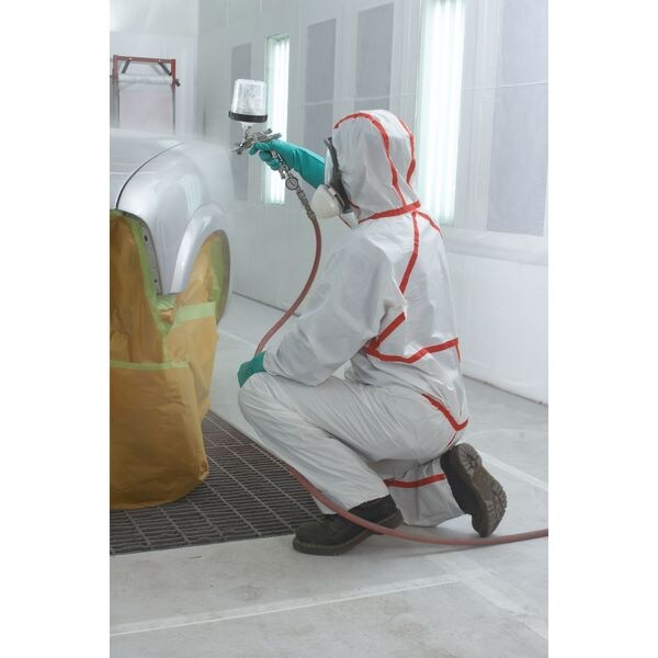 Hooded Disposable Coveralls, 25 PK, Red/White, Non-Microporous Polyethylene Laminate, Polypropylene