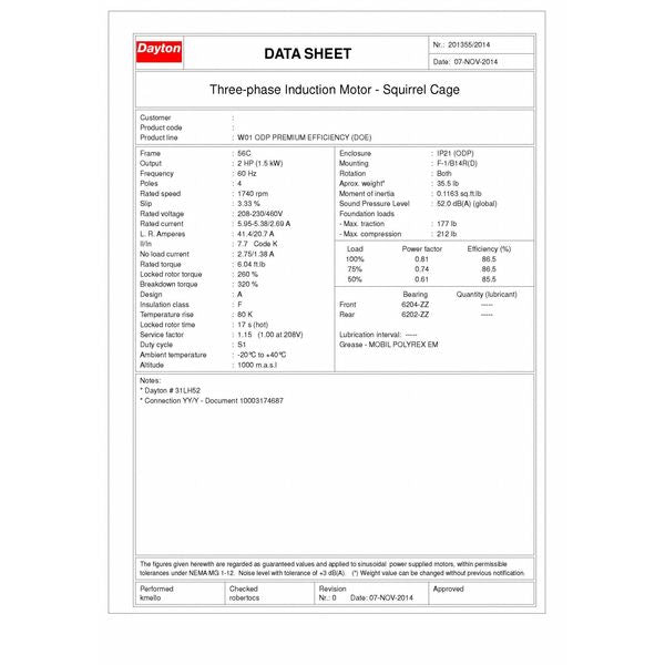 3-Phase General Purpose Motor, 2 HP, 56C Frame, 230/460V AC Voltage, 1,740 Nameplate RPM