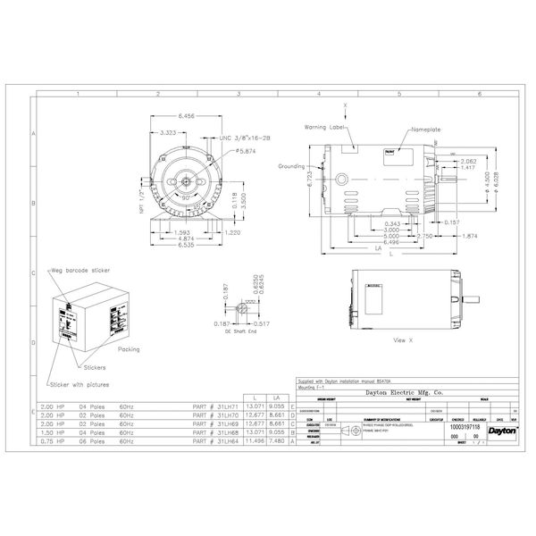 3-Phase General Purpose Motor, 2 HP, 56HC Frame, 230/460V AC Voltage, 1,740 Nameplate RPM