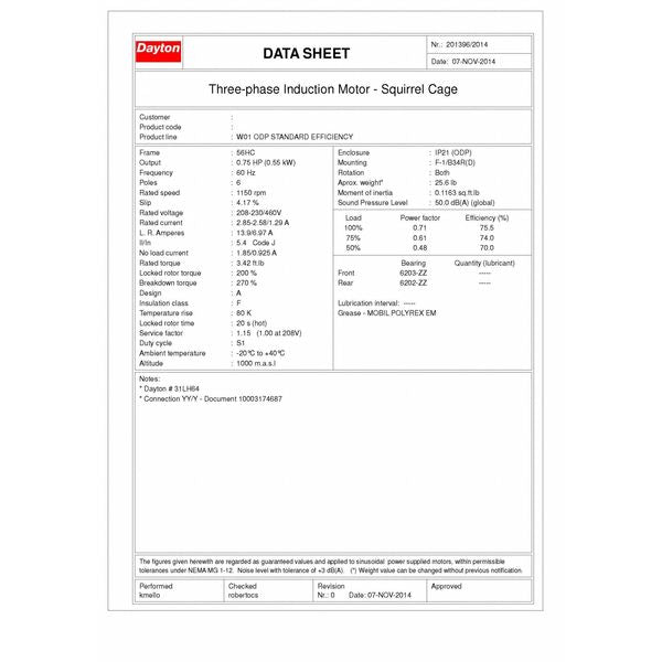 3-Phase General Purpose Motor, 3/4 HP, 56HC Frame, 230/460V AC Voltage, 1,160 Nameplate RPM