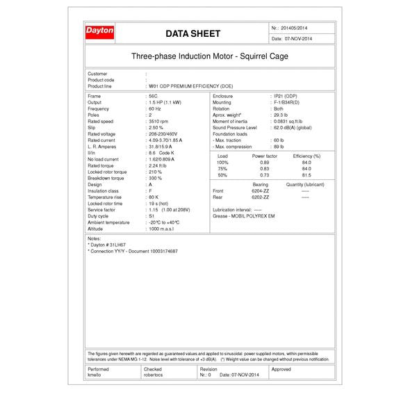 3-Phase General Purpose Motor, 1 1/2 HP, 56C Frame, 230/460V AC Voltage, 3,510 Nameplate RPM