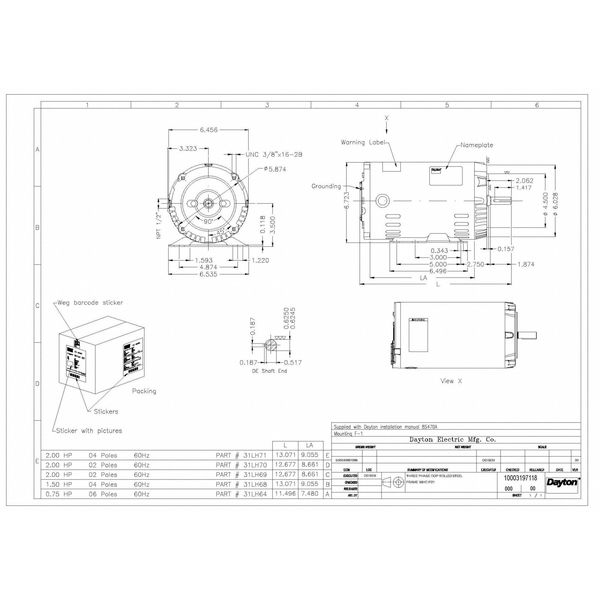 3-Phase General Purpose Motor, 2 HP, 56HC Frame, 230/460V AC Voltage, 3,510 Nameplate RPM
