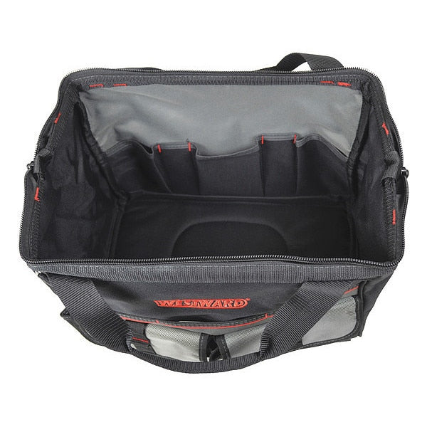 Wide-Mouth Tool Bag, 600d Polyester, 21 Pockets, Black, 11-1/2