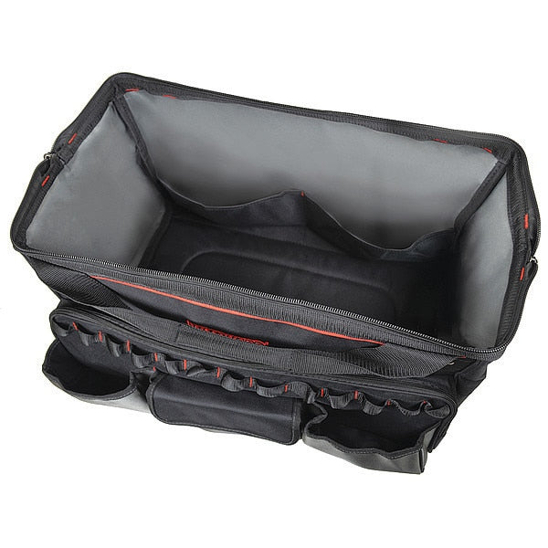 Wide-Mouth Tool Bag, 600d Polyester, 11 Pockets, Black, 14