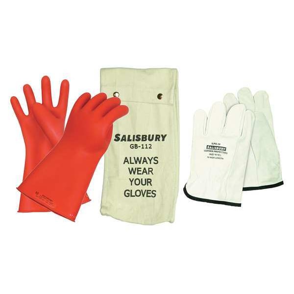 Electrical Rubber Glove Kit, Leather Protectors, Glove Bag, Red, 11 in, Class 0, Size 10 1/2, 1 Pair