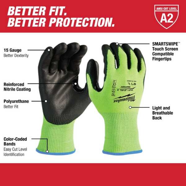12 Pair High Visibility Cut Level 2 Polyurethane Dipped Gloves- L