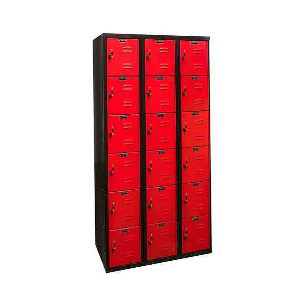 Box Locker, 36 in W, 18 in D, 72 in H, (3) Wide, (6) Tier, Red/Black