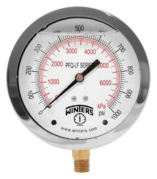 Pressure Gauge, 0 to 1000 psi, 1/4 in MNPT, Stainless Steel, Silver