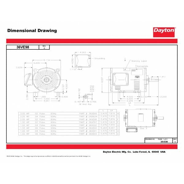 3-Phase General Purpose Motor, 2 HP, 182/4 Frame, 230/460V AC Voltage, 3,520 Nameplate RPM