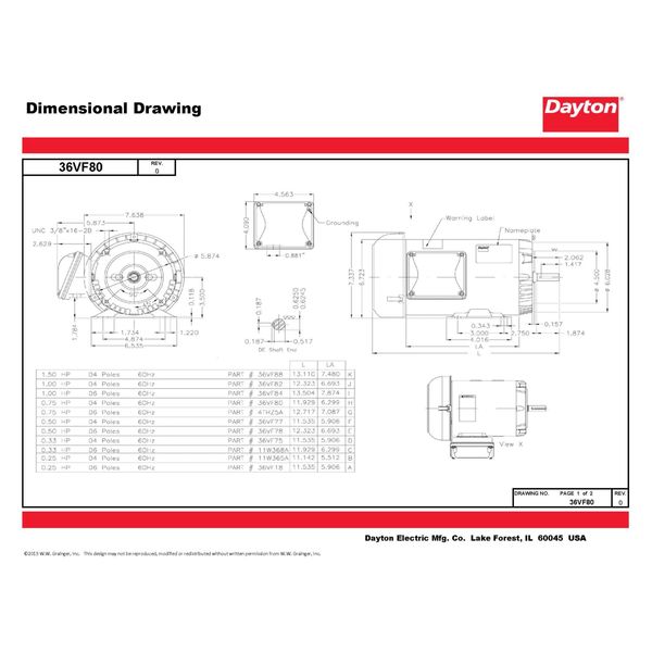 3-Phase General Purpose Motor, 3/4 HP, 56C Frame, 230/460V AC Voltage, 1,720 Nameplate RPM