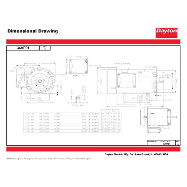 3-Phase General Purpose Motor, 3 HP, 143/5TC Frame, 230/460V AC Voltage, 3,490 Nameplate RPM