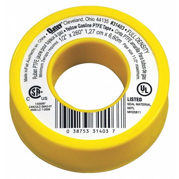 Pipe Thread Sealant Tape, 1/2in W, 260in L