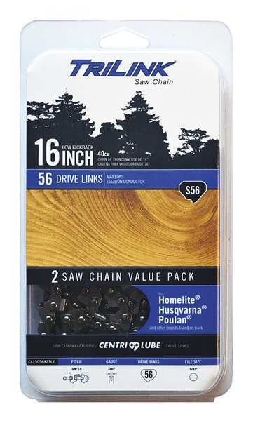 Replacement Saw Chain, 16inL, 56 Links, PK2