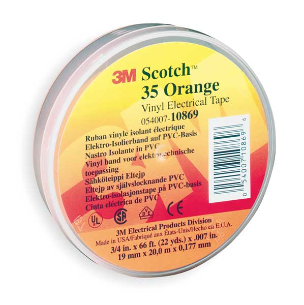 Vinyl Electrical Tape, 35, Scotch, 3/4 in W x 66 ft L, 7 mil thick, Orange, 1 Pack