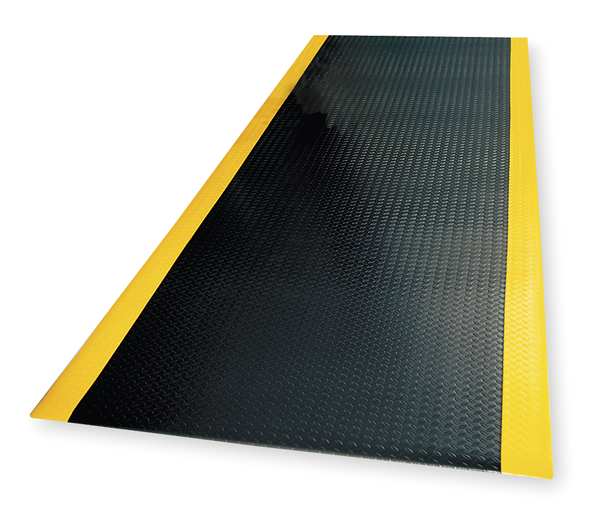 Antifatigue Mat, Diamond Plate, 2 ft x 3 ft, 1/2 in Thick, Black with Yellow Border, PVC Foam