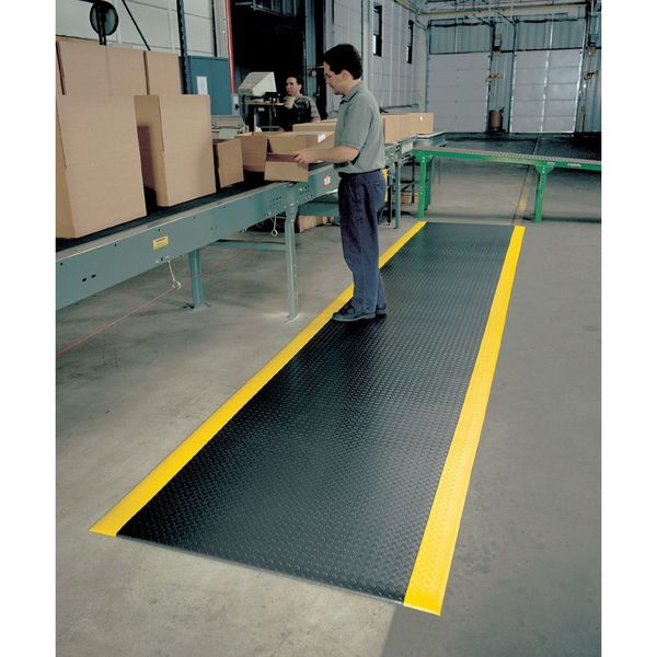 Antifatigue Mat, Diamond Plate, 2 ft x 3 ft, 1/2 in Thick, Black with Yellow Border, PVC Foam