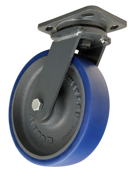 Plate Caster, Swivel, Poly, 8 in, 1200 lb, Blu, B
