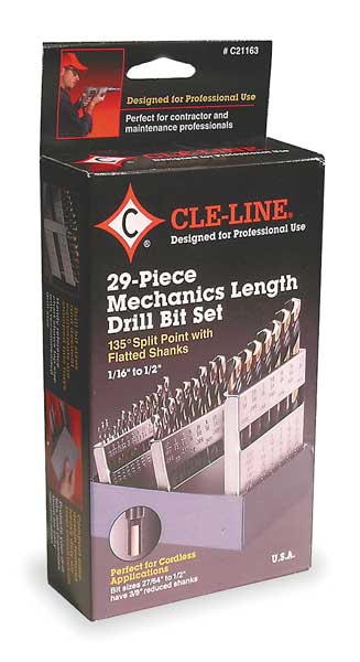 29PC 135Â° Heavy-Duty Mechanics Length Drill Set Cle-Line 1876 Black & Gold HSS 1/16-1/2x1/64