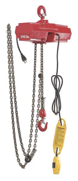 Electric Chain Hoist, 300 lb, 10 ft, Hook Mounted - No Trolley, Red