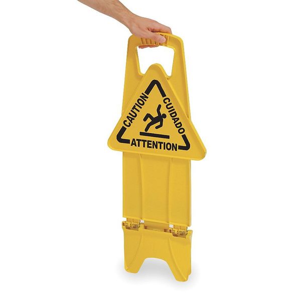 Floor Safety Sign, Caution, Eng/Sp/Fr, 25 in H, 13 in W, Polypropylene, Rectangle, FG9S0900YEL